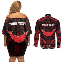 Personalised Easter Island Couples Matching Off Shoulder Short Dress and Long Sleeve Button Shirt Polynesian Pattern Emblem LT05 - Polynesian Pride