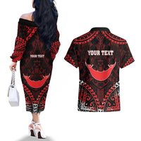 Personalised Easter Island Couples Matching Off The Shoulder Long Sleeve Dress and Hawaiian Shirt Polynesian Pattern Emblem LT05 - Polynesian Pride