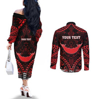 Personalised Easter Island Couples Matching Off The Shoulder Long Sleeve Dress and Long Sleeve Button Shirt Polynesian Pattern Emblem LT05 - Polynesian Pride