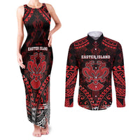 Personalised Easter Island Couples Matching Tank Maxi Dress and Long Sleeve Button Shirt Polynesian Pattern Emblem LT05 Black - Polynesian Pride