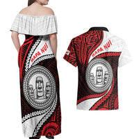 Easter Island Couples Matching Off Shoulder Maxi Dress and Hawaiian Shirt Moai Statues Polynesian Style LT05 - Polynesian Pride