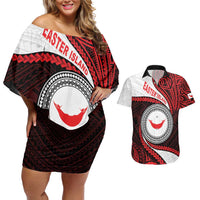Easter Island Couples Matching Off Shoulder Short Dress and Hawaiian Shirt Moai Statues Polynesian Style LT05 Red - Polynesian Pride