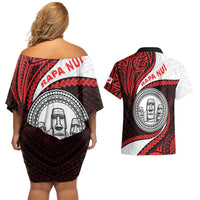 Easter Island Couples Matching Off Shoulder Short Dress and Hawaiian Shirt Moai Statues Polynesian Style LT05 - Polynesian Pride
