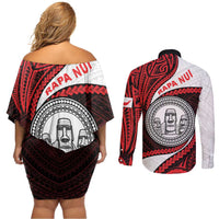Easter Island Couples Matching Off Shoulder Short Dress and Long Sleeve Button Shirt Moai Statues Polynesian Style LT05 - Polynesian Pride