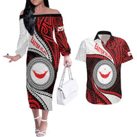 Easter Island Couples Matching Off The Shoulder Long Sleeve Dress and Hawaiian Shirt Moai Statues Polynesian Style LT05 Red - Polynesian Pride