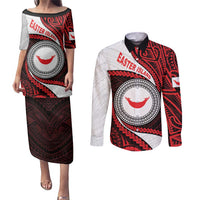 Easter Island Couples Matching Puletasi and Long Sleeve Button Shirt Moai Statues Polynesian Style LT05 Red - Polynesian Pride