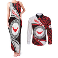 Easter Island Couples Matching Tank Maxi Dress and Long Sleeve Button Shirt Moai Statues Polynesian Style LT05 Red - Polynesian Pride