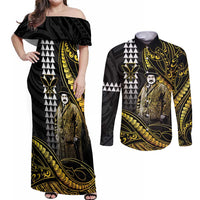 Hawaii Kuhio The Citizen Prince Couples Matching Off Shoulder Maxi Dress and Long Sleeve Button Shirt Gold Polynesian Tribal Tattoo