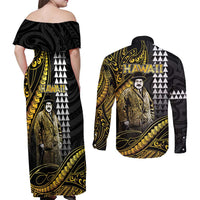 Hawaii Kuhio The Citizen Prince Couples Matching Off Shoulder Maxi Dress and Long Sleeve Button Shirt Gold Polynesian Tribal Tattoo