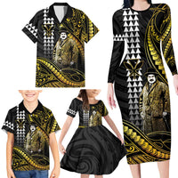 Hawaii Kuhio The Citizen Prince Family Matching Long Sleeve Bodycon Dress and Hawaiian Shirt Gold Polynesian Tribal Tattoo