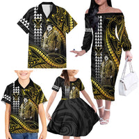 Hawaii Kuhio The Citizen Prince Family Matching Off The Shoulder Long Sleeve Dress and Hawaiian Shirt Gold Polynesian Tribal Tattoo