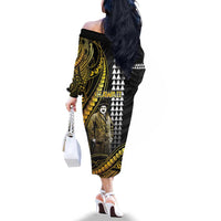 Hawaii Kuhio The Citizen Prince Family Matching Off The Shoulder Long Sleeve Dress and Hawaiian Shirt Gold Polynesian Tribal Tattoo
