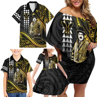 Hawaii Kuhio The Citizen Prince Family Matching Off Shoulder Short Dress and Hawaiian Shirt Gold Polynesian Tribal Tattoo