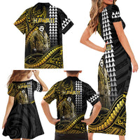 Hawaii Kuhio The Citizen Prince Family Matching Short Sleeve Bodycon Dress and Hawaiian Shirt Gold Polynesian Tribal Tattoo