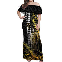 Hawaii Kuhio The Citizen Prince Off Shoulder Maxi Dress Gold Polynesian Tribal Tattoo