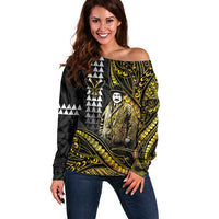 Hawaii Kuhio The Citizen Prince Off Shoulder Sweater Gold Polynesian Tribal Tattoo LT05 Women Gold - Polynesian Pride