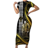 Hawaii Kuhio The Citizen Prince Short Sleeve Bodycon Dress Gold Polynesian Tribal Tattoo