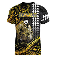 Hawaii Kuhio The Citizen Prince Women V-Neck T-Shirt Gold Polynesian Tribal Tattoo