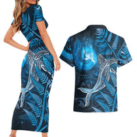 New Zealand Matariki Couples Matching Short Sleeve Bodycon Dress and Hawaiian Shirt Maori Koru With Humpback Whale Blue