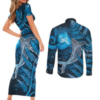 New Zealand Matariki Couples Matching Short Sleeve Bodycon Dress and Long Sleeve Button Shirt Maori Koru With Humpback Whale Blue