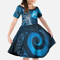 New Zealand Matariki Kid Short Sleeve Dress Maori Koru With Humpback Whale Blue LT05 KID Blue - Polynesian Pride