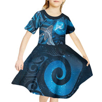 New Zealand Matariki Kid Short Sleeve Dress Maori Koru With Humpback Whale Blue LT05 - Polynesian Pride