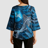 New Zealand Matariki Kimono Sleeve Blouse Maori Koru With Humpback Whale Blue LT05 - Polynesian Pride