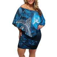 New Zealand Matariki Off Shoulder Short Dress Maori Koru With Humpback Whale Blue LT05 Women Blue - Polynesian Pride