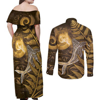 New Zealand Matariki Couples Matching Off Shoulder Maxi Dress and Long Sleeve Button Shirt Maori Koru With Humpback Whale Gold