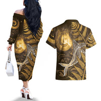 New Zealand Matariki Couples Matching Off The Shoulder Long Sleeve Dress and Hawaiian Shirt Maori Koru With Humpback Whale Gold