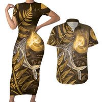New Zealand Matariki Couples Matching Short Sleeve Bodycon Dress and Hawaiian Shirt Maori Koru With Humpback Whale Gold