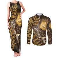 New Zealand Matariki Couples Matching Tank Maxi Dress and Long Sleeve Button Shirt Maori Koru With Humpback Whale Gold