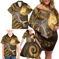 New Zealand Matariki Family Matching Off Shoulder Short Dress and Hawaiian Shirt Maori Koru With Humpback Whale Gold