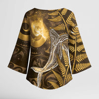 New Zealand Matariki Kimono Sleeve Blouse Maori Koru With Humpback Whale Gold LT05 - Polynesian Pride