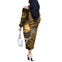 New Zealand Matariki Off The Shoulder Long Sleeve Dress Maori Koru With Humpback Whale Gold