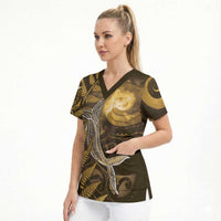 New Zealand Matariki Scrub Top Maori Koru With Humpback Whale Gold LT05 - Polynesian Pride