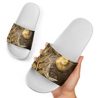 New Zealand Matariki Slide Sandals Maori Koru With Humpback Whale Gold