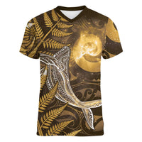 New Zealand Matariki Women V-Neck T-Shirt Maori Koru With Humpback Whale Gold