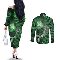 New Zealand Matariki Couples Matching Off The Shoulder Long Sleeve Dress and Long Sleeve Button Shirt Maori Koru With Humpback Whale Green