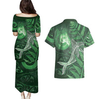 New Zealand Matariki Couples Matching Puletasi and Hawaiian Shirt Maori Koru With Humpback Whale Green