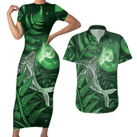 New Zealand Matariki Couples Matching Short Sleeve Bodycon Dress and Hawaiian Shirt Maori Koru With Humpback Whale Green
