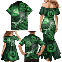 New Zealand Matariki Family Matching Mermaid Dress and Hawaiian Shirt Maori Koru With Humpback Whale Green
