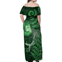New Zealand Matariki Family Matching Off Shoulder Maxi Dress and Hawaiian Shirt Maori Koru With Humpback Whale Green