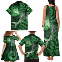 New Zealand Matariki Family Matching Tank Maxi Dress and Hawaiian Shirt Maori Koru With Humpback Whale Green