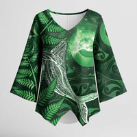 New Zealand Matariki Kimono Sleeve Blouse Maori Koru With Humpback Whale Green LT05 Female Green - Polynesian Pride