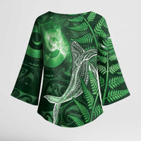 New Zealand Matariki Kimono Sleeve Blouse Maori Koru With Humpback Whale Green LT05 - Polynesian Pride