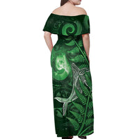 New Zealand Matariki Off Shoulder Maxi Dress Maori Koru With Humpback Whale Green LT05 - Polynesian Pride