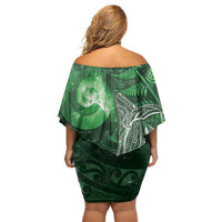 New Zealand Matariki Off Shoulder Short Dress Maori Koru With Humpback Whale Green LT05 - Polynesian Pride