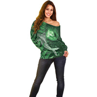 New Zealand Matariki Off Shoulder Sweater Maori Koru With Humpback Whale Green LT05 - Polynesian Pride