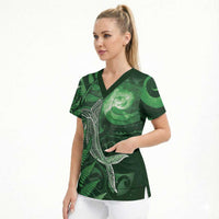 New Zealand Matariki Scrub Top Maori Koru With Humpback Whale Green LT05 - Polynesian Pride